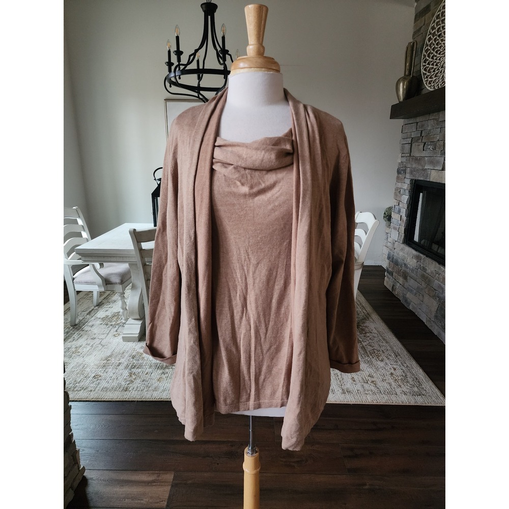 J. McLaughlin 2 Piece Cardigan and Cowl Neck Top Set Tan Knit Long Sleeve